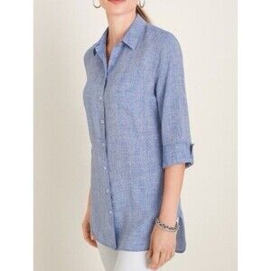 Chicos No Iron Linen Top Womens 2.5/Large Blue Button Front Tunic Half Sleeve